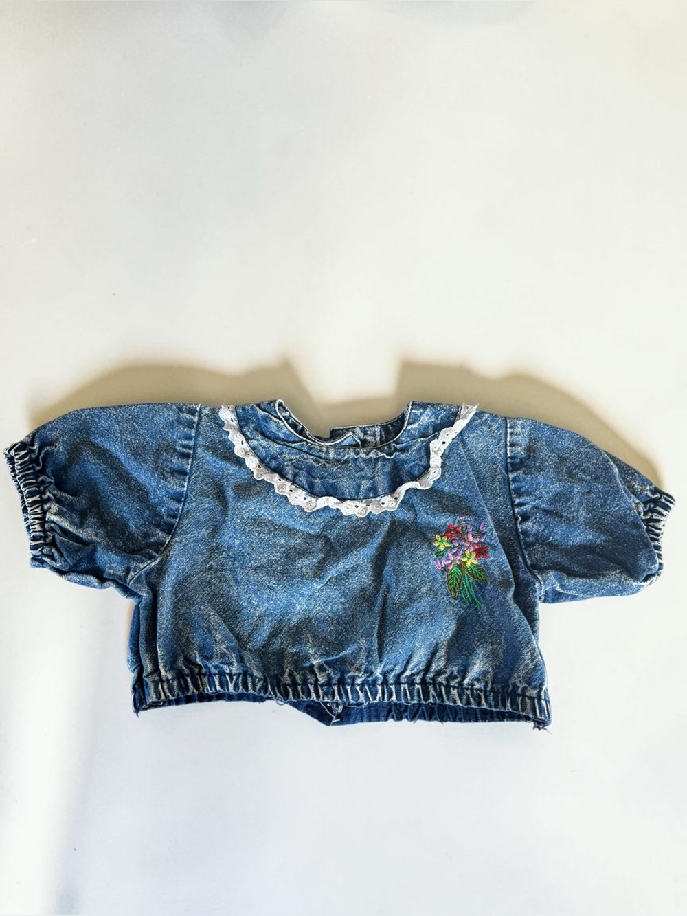 Vintage 90s ICZ Girls Size 5 Denim Crop Top Floral Embroidery Puff Sleeve